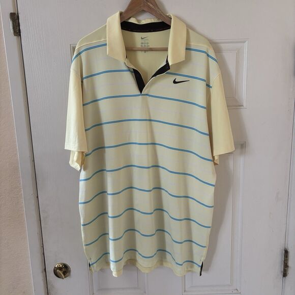 Nike Tiger Woods Men Golf Polo Shirt XXL Yellow Striped Dri-Fit Performance Logo - Picture 2 of 13
